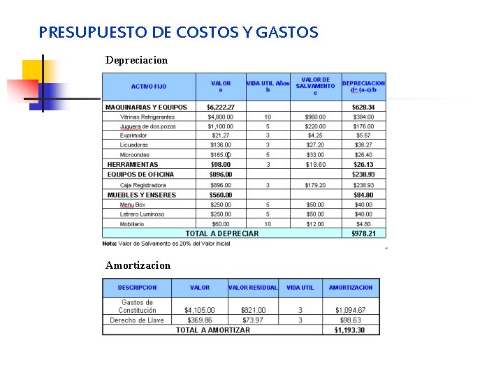 PRESUPUESTO DE COSTOS Y GASTOS Depreciacion Amortizacion 