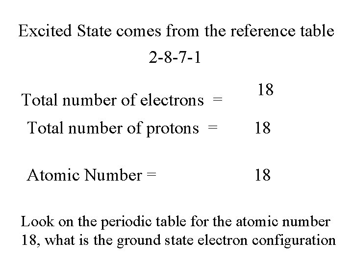 Excited State comes from the reference table 2 -8 -7 -1 Total number of