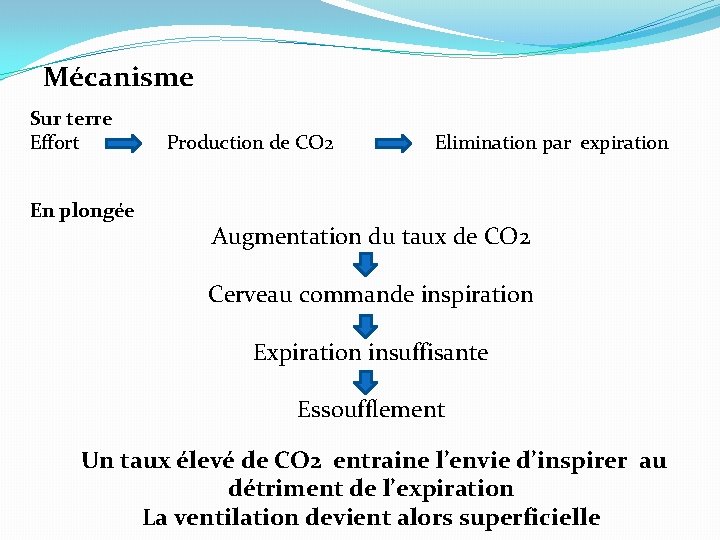 Mécanisme Sur terre Effort En plongée Production de CO 2 Elimination par expiration Augmentation