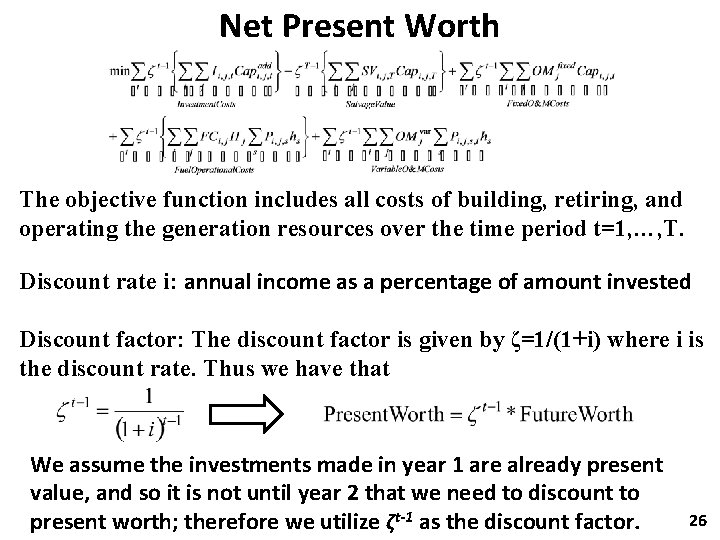 Net Present Worth The objective function includes all costs of building, retiring, and operating