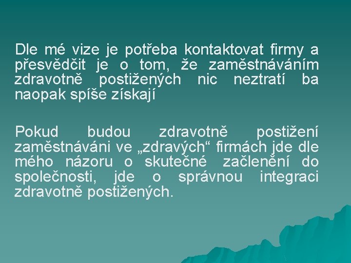 Dle mé vize je potřeba kontaktovat firmy a přesvědčit je o tom, že zaměstnáváním