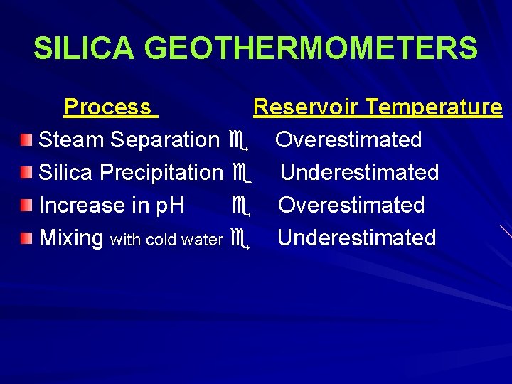 SILICA GEOTHERMOMETERS Process Reservoir Temperature Steam Separation Overestimated Silica Precipitation Underestimated Increase in p.