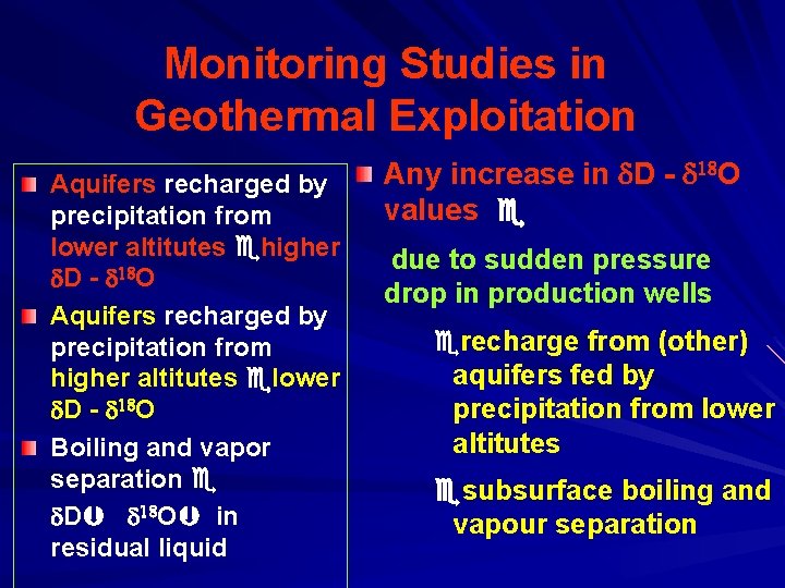 Monitoring Studies in Geothermal Exploitation Aquifers recharged by precipitation from lower altitutes higher D