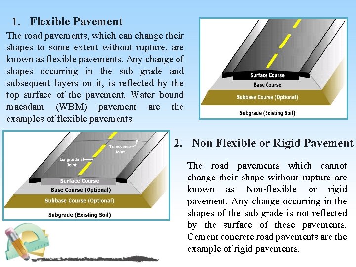 1. Flexible Pavement The road pavements, which can change their shapes to some extent
