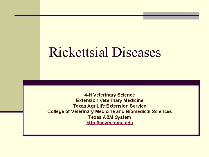 Rickettsial Diseases 4 -H Veterinary Science Extension Veterinary Medicine Texas Agri. Life Extension Service