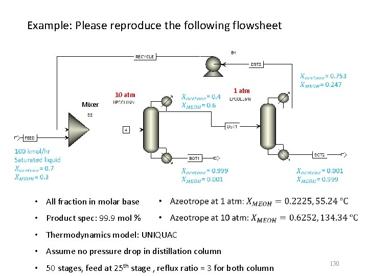 Example: Please reproduce the following flowsheet 10 atm 1 atm Mixer • All fraction