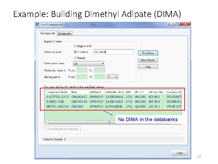Example: Building Dimethyl Adipate (DIMA) No DIMA in the databanks 15 