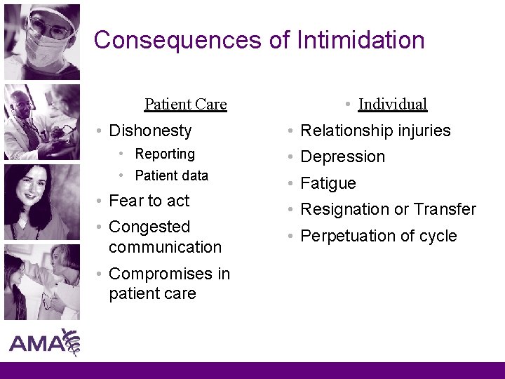 Consequences of Intimidation Patient Care • Dishonesty • Individual • Relationship injuries • Reporting