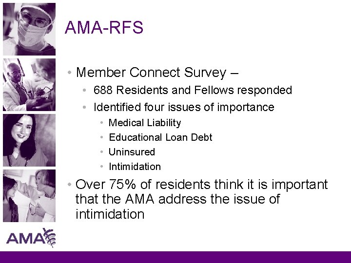 AMA-RFS • Member Connect Survey – • 688 Residents and Fellows responded • Identified