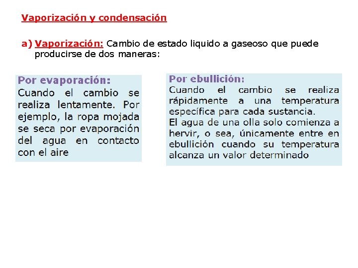 Vaporización y condensación a) Vaporización: Cambio de estado liquido a gaseoso que puede producirse