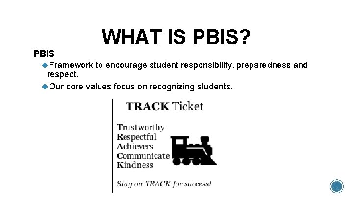 WHAT IS PBIS? PBIS ◆Framework to encourage student responsibility, preparedness and respect. ◆Our core