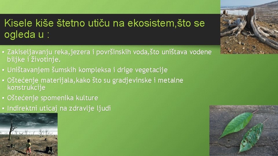 Kisele kiše štetno utiču na ekosistem, što se ogleda u : • Zakiseljavanju reka,