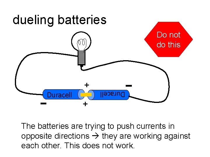 dueling batteries Do not do this + Duracell + The batteries are trying to