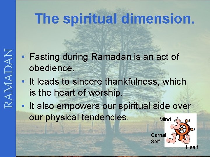 RAMADAN The spiritual dimension. • Fasting during Ramadan is an act of obedience. •