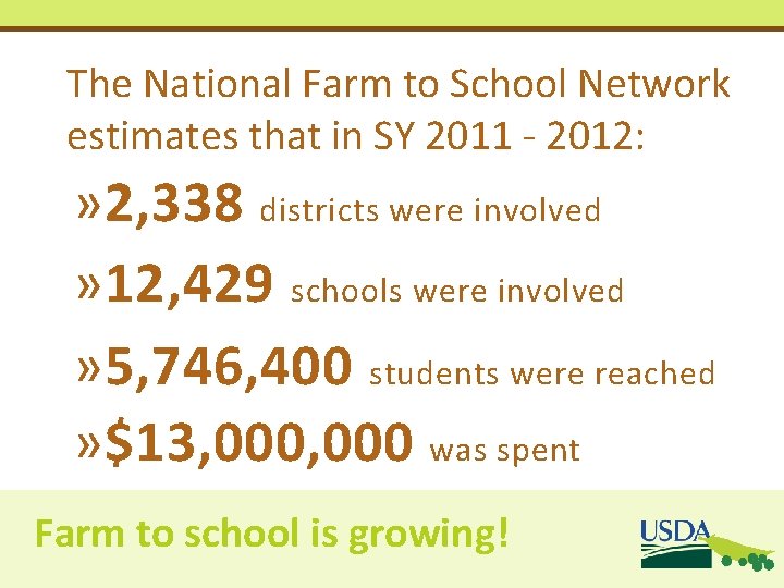 The National Farm to School Network estimates that in SY 2011 - 2012: » The National Farm to School Network estimates that in SY 2011 - 2012: »