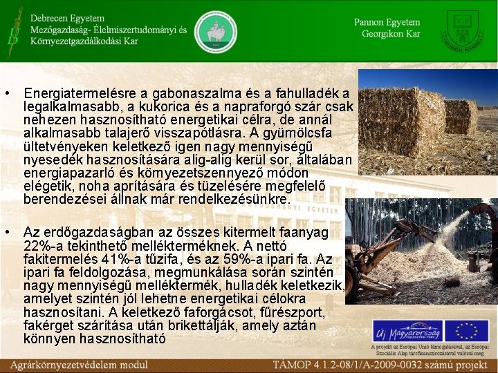  • Energiatermelésre a gabonaszalma és a fahulladék a legalkalmasabb, a kukorica és a