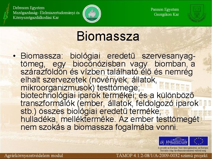 Biomassza • Biomassza: biológiai eredetű szervesanyag tömeg, egy biocönózisban vagy biomban, a szárazföldön és