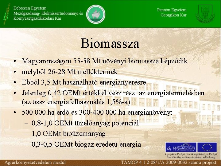 Biomassza • • Magyarországon 55 -58 Mt növényi biomassza képződik melyből 26 -28 Mt