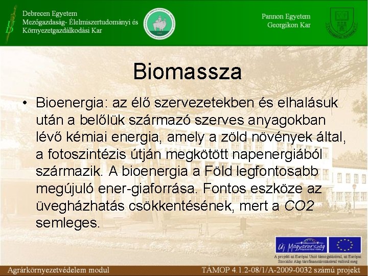 Biomassza • Bioenergia: az élő szervezetekben és elhalásuk után a belőlük származó szerves anyagokban