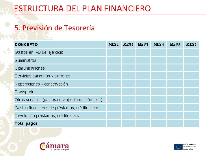 ESTRUCTURA DEL PLAN FINANCIERO 5. Previsión de Tesorería CONCEPTO Gastos en I+D del ejercicio