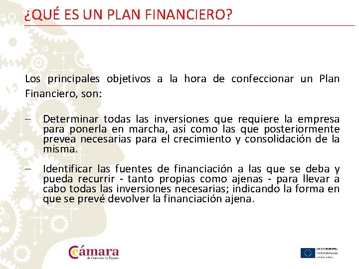 ¿QUÉ ES UN PLAN FINANCIERO? Los principales objetivos a la hora de confeccionar un