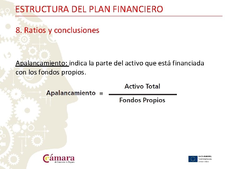 ESTRUCTURA DEL PLAN FINANCIERO 8. Ratios y conclusiones Apalancamiento: indica la parte del activo