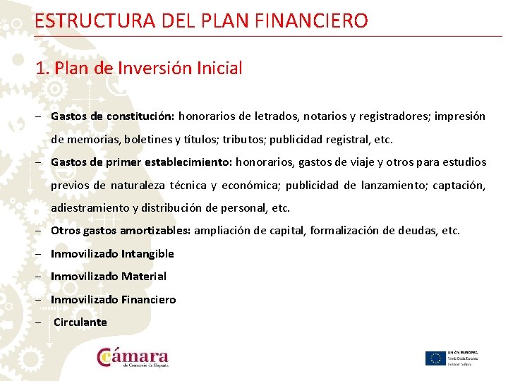 ESTRUCTURA DEL PLAN FINANCIERO 1. Plan de Inversión Inicial ‒ Gastos de constitución: honorarios