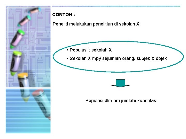 CONTOH : Peneliti melakukan penelitian di sekolah X § Populasi : sekolah X §