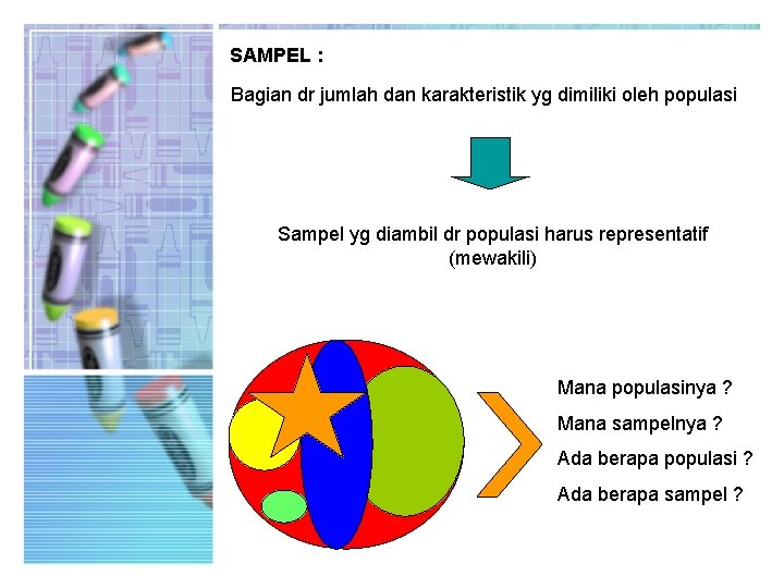 SAMPEL : Bagian dr jumlah dan karakteristik yg dimiliki oleh populasi Sampel yg diambil