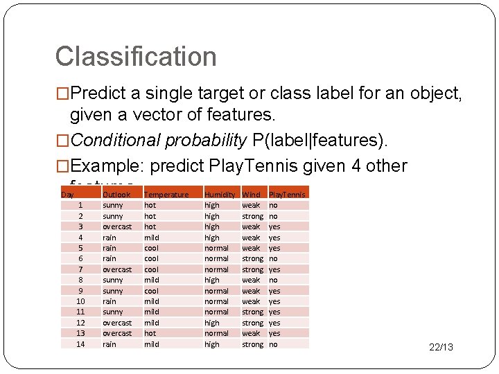 Classification �Predict a single target or class label for an object, given a vector