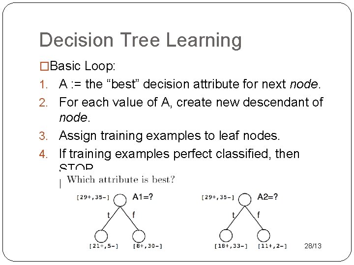 Decision Tree Learning �Basic Loop: 1. A : = the “best” decision attribute for