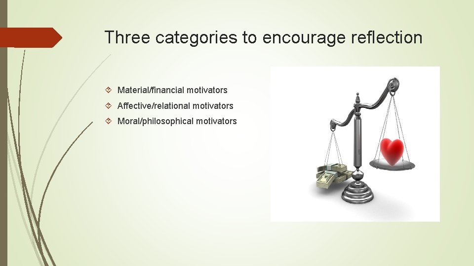 Three categories to encourage reflection Material/financial motivators Affective/relational motivators Moral/philosophical motivators 