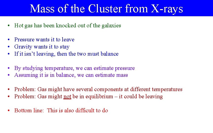 Mass of the Cluster from X-rays • Hot gas has been knocked out of