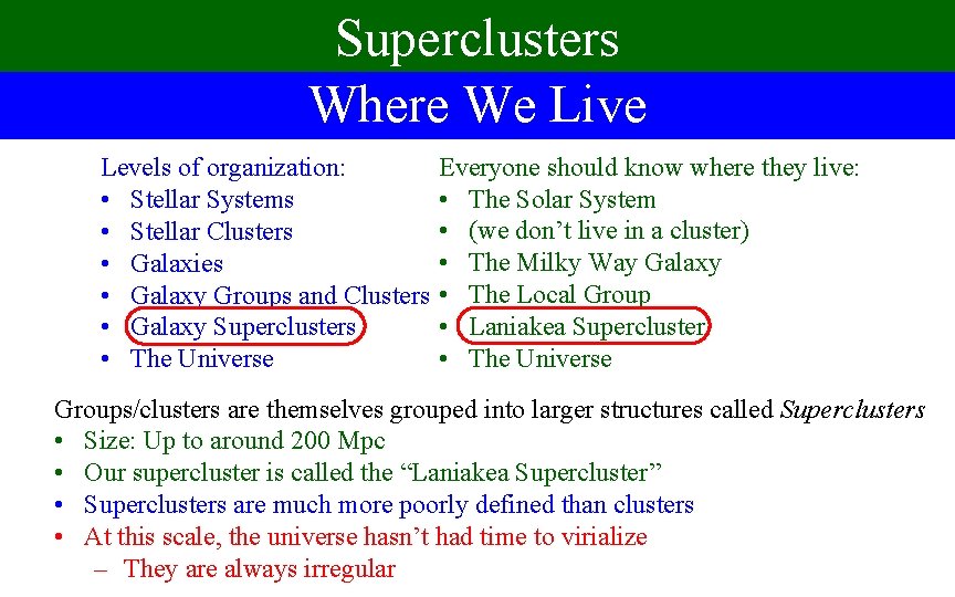 Superclusters Where We Live Levels of organization: • Stellar Systems • Stellar Clusters •