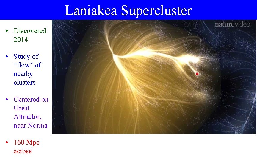 Laniakea Supercluster • Discovered 2014 • Study of “flow” of nearby clusters • Centered