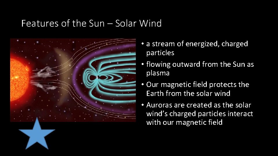 Features of the Sun – Solar Wind • a stream of energized, charged particles