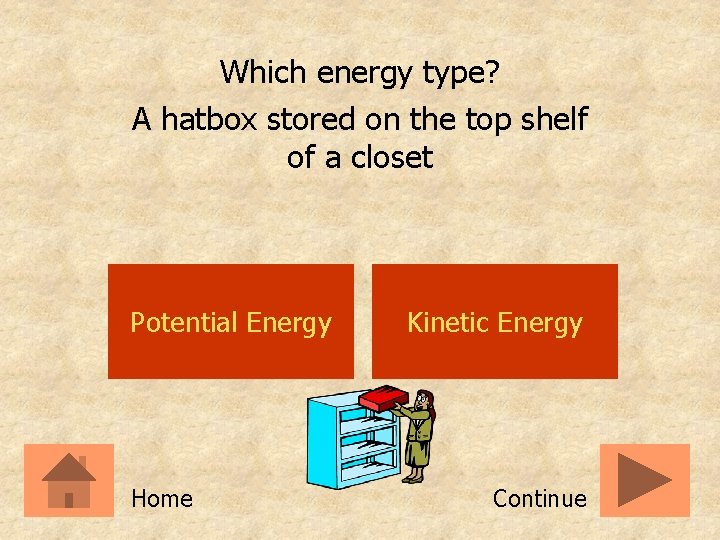 Which energy type? A hatbox stored on the top shelf of a closet Potential