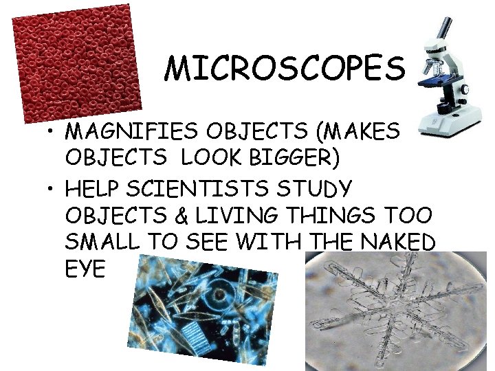 MICROSCOPES • MAGNIFIES OBJECTS (MAKES OBJECTS LOOK BIGGER) • HELP SCIENTISTS STUDY OBJECTS &