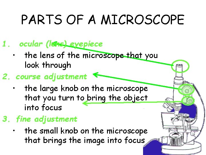 PARTS OF A MICROSCOPE 1. ocular (lens) eyepiece • the lens of the microscope