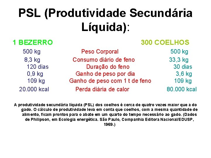 PSL (Produtividade Secundária Líquida): 1 BEZERRO 300 COELHOS 500 kg Peso Corporal 500 kg