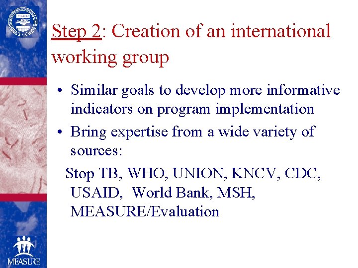 Step 2: Creation of an international working group • Similar goals to develop more