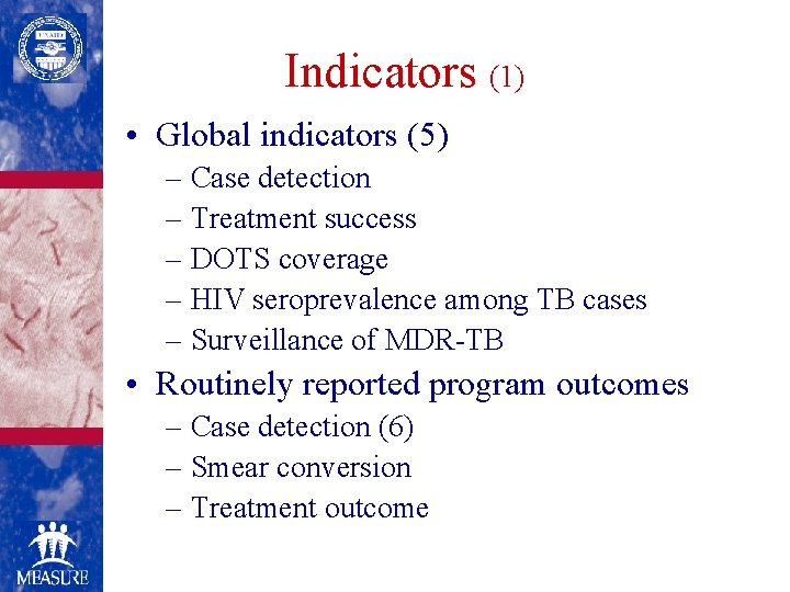 Indicators (1) • Global indicators (5) – Case detection – Treatment success – DOTS