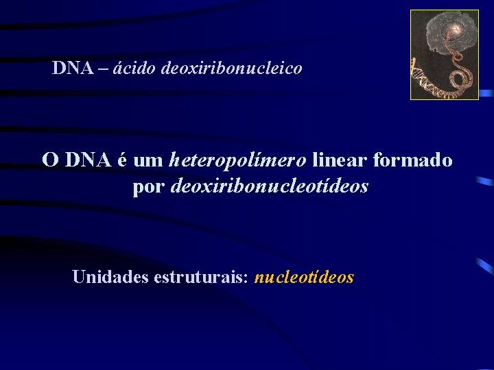 DNA – ácido deoxiribonucleico O DNA é um heteropolímero linear formado por deoxiribonucleotídeos Unidades