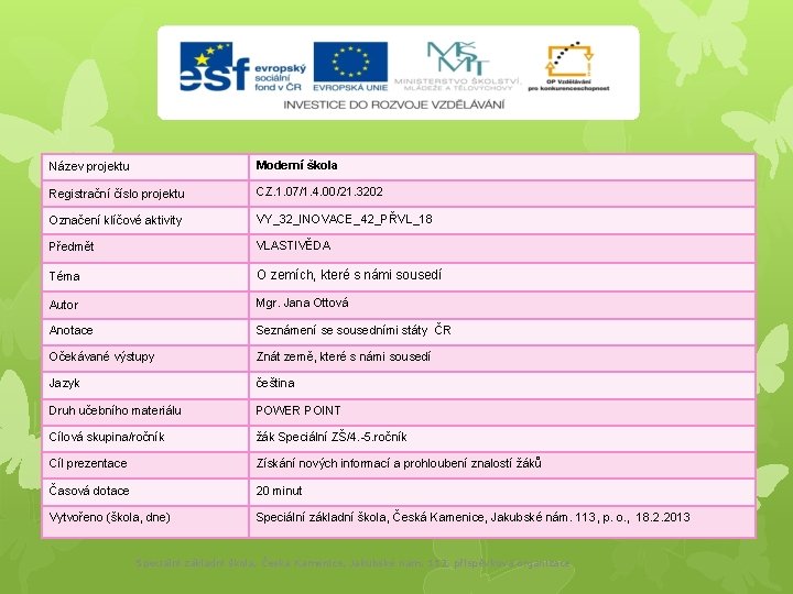 Název projektu Moderní škola Registrační číslo projektu CZ. 1. 07/1. 4. 00/21. 3202 Označení