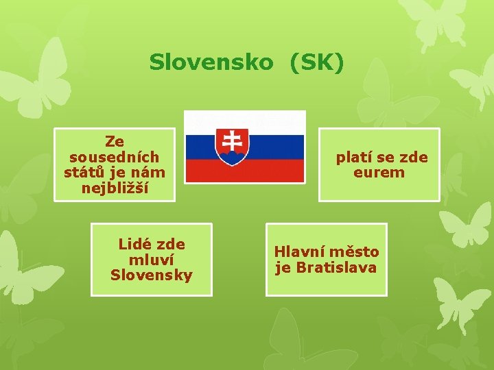 Slovensko (SK) Ze sousedních států je nám nejbližší Lidé zde mluví Slovensky platí se