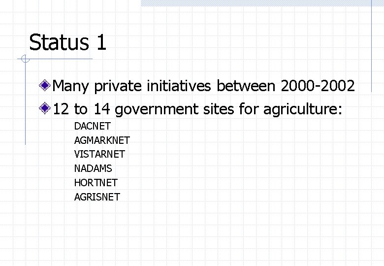 Status 1 Many private initiatives between 2000 -2002 12 to 14 government sites for