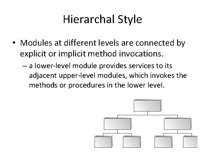 Hierarchal Style • Modules at different levels are connected by explicit or implicit method