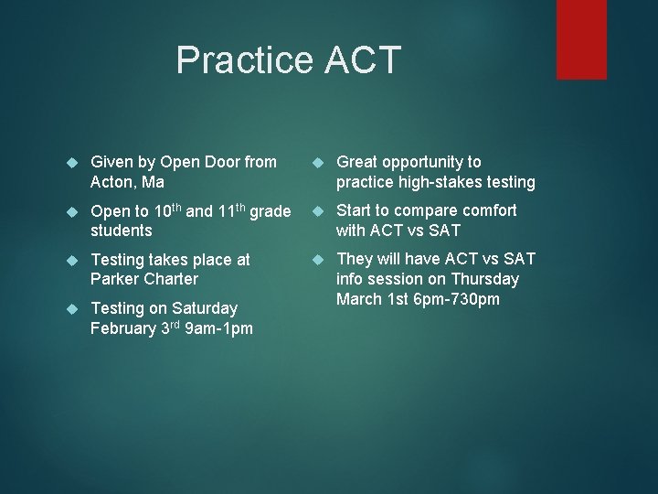 Practice ACT Given by Open Door from Acton, Ma Great opportunity to practice high-stakes