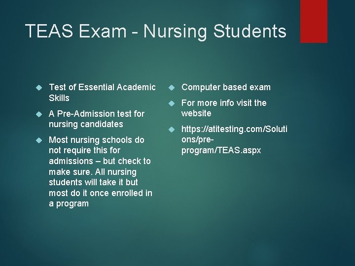 TEAS Exam - Nursing Students Test of Essential Academic Skills A Pre-Admission test for