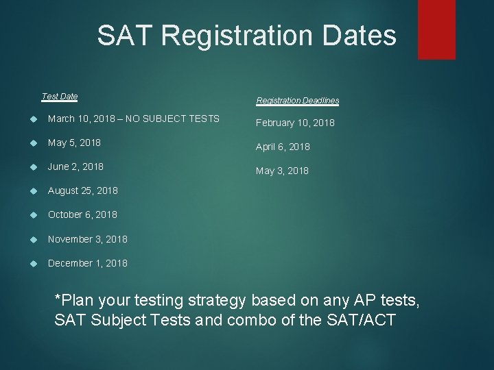 SAT Registration Dates Test Date Registration Deadlines March 10, 2018 – NO SUBJECT TESTS